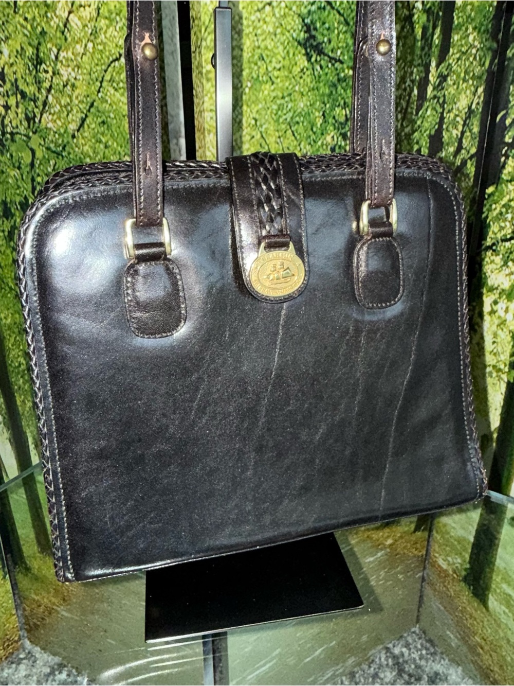 Vintage Brahmin USA Black Smooth Leather Satchel Tote Bag Braided Trim